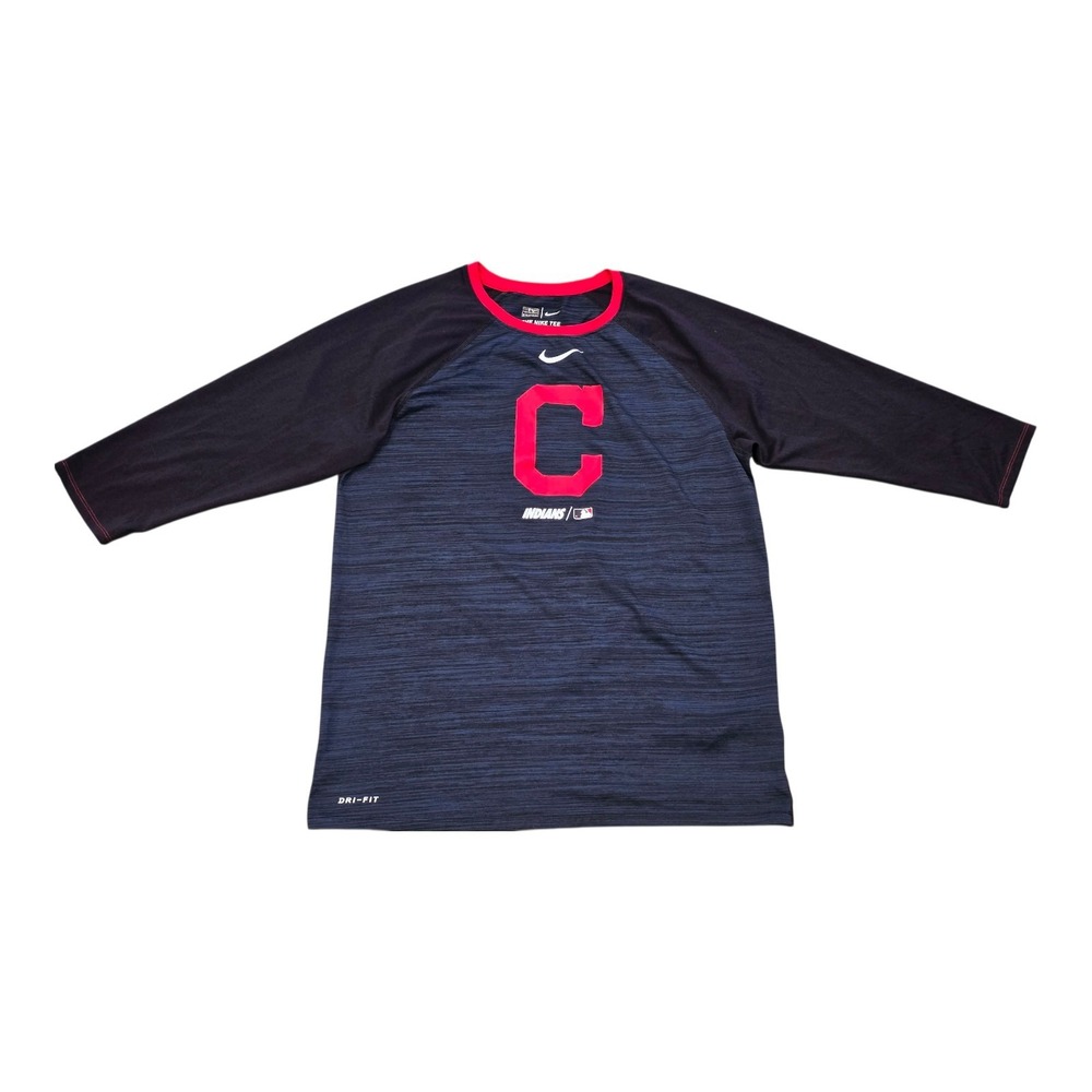 Nike Cleveland Indians Dri Fit 3/4 Sleeve Baseball Shirt Mens Medium Blue MLB